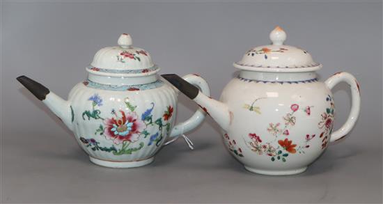 An 18th century Chinese export famille rose globular teapot, painted with flowers and another similar teapot, both spout repaired